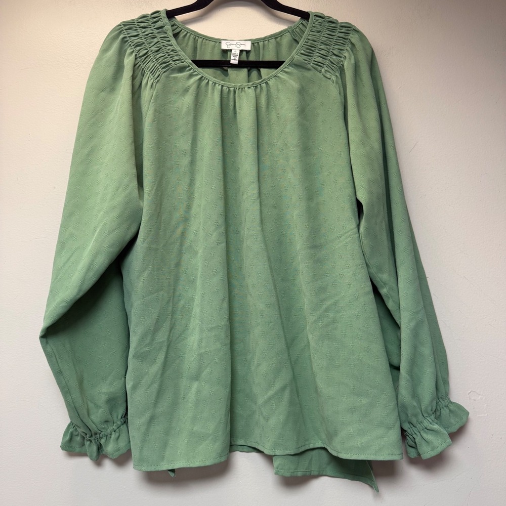 Jessica Simpson Blouse Womens Large Green Excellent Smocked Dobby Ruffle Cuff